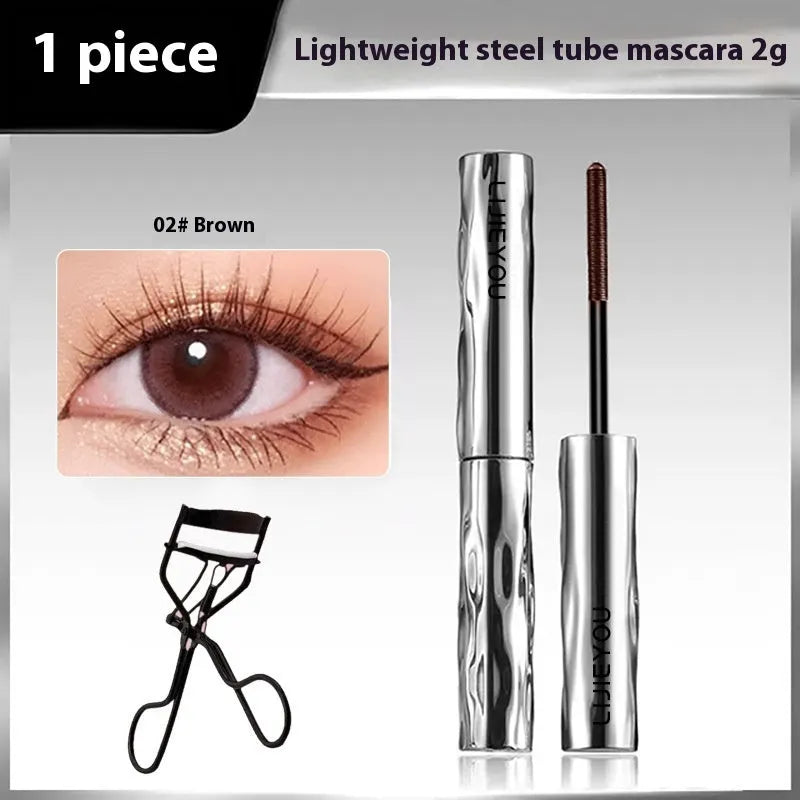 Waterproof mascara in steel tube with black and brown colour options and optional eyelash curler