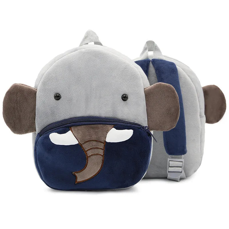 Soft plush children's backpack in cartoon animal design, shown with zipper open, dimensions 26cm by 24cm.