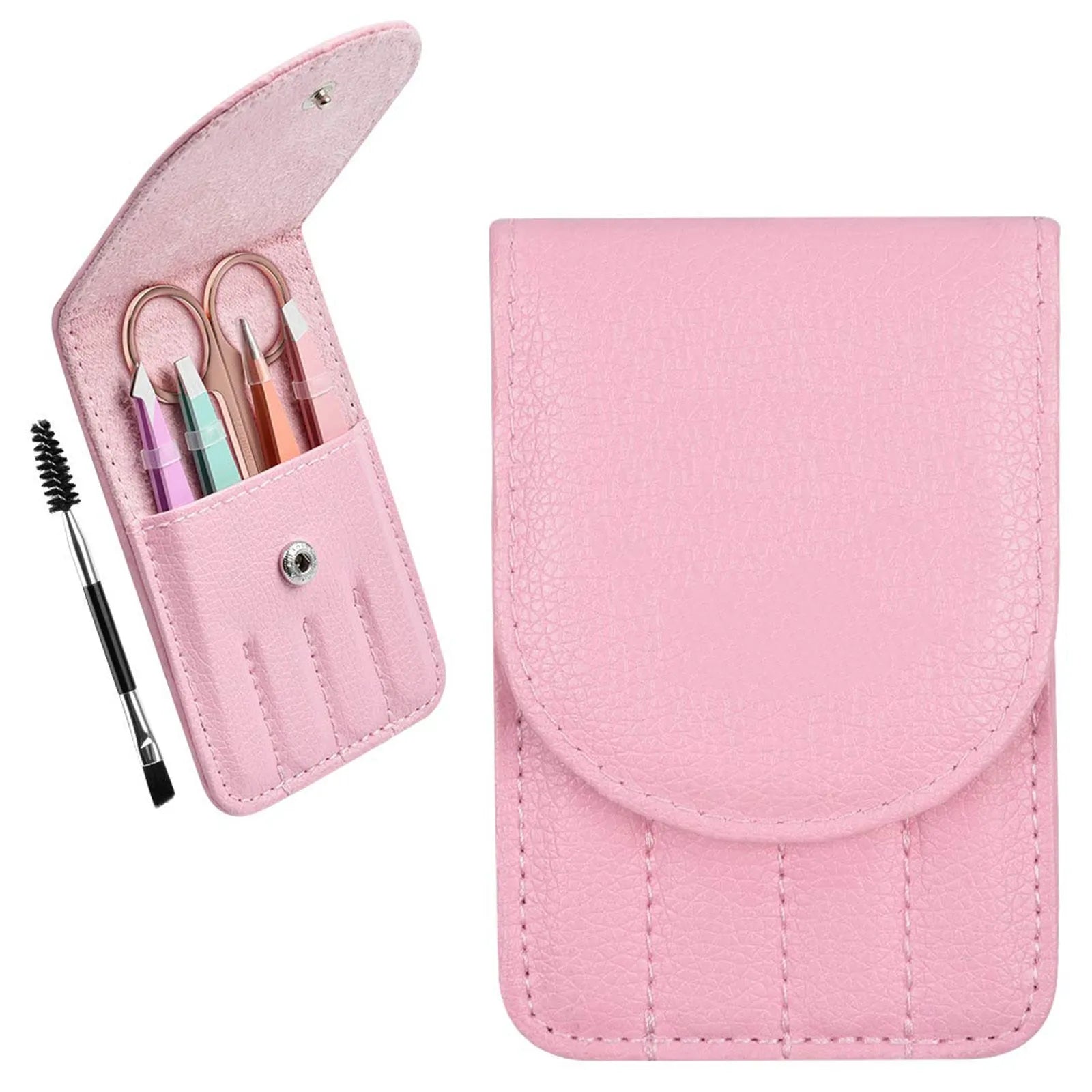 Professional six-piece eyebrow tweezers set with stainless steel tools and leather protective case