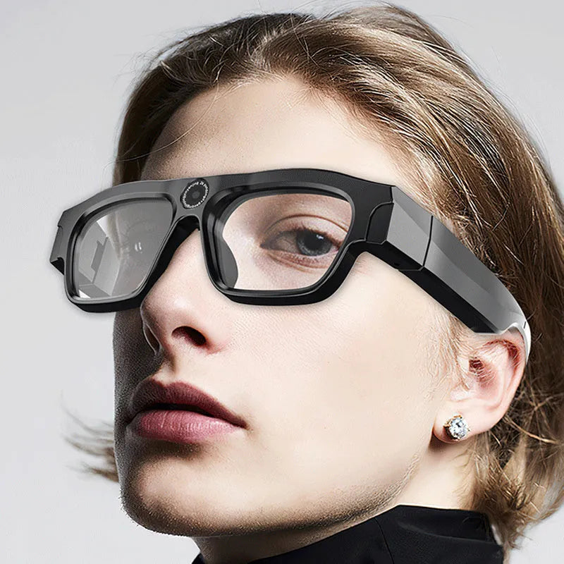 Black smart Bluetooth glasses with video recording capability and head-mounted design