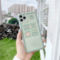 Green iPhone case with geometric shapes and smiley face pattern, TPU back cover.