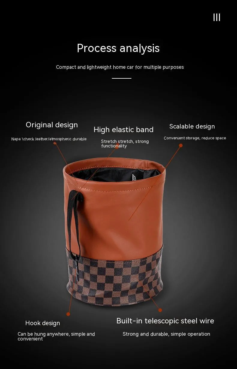 Retractable leather car interior trash can with carry handle in colour as shown.