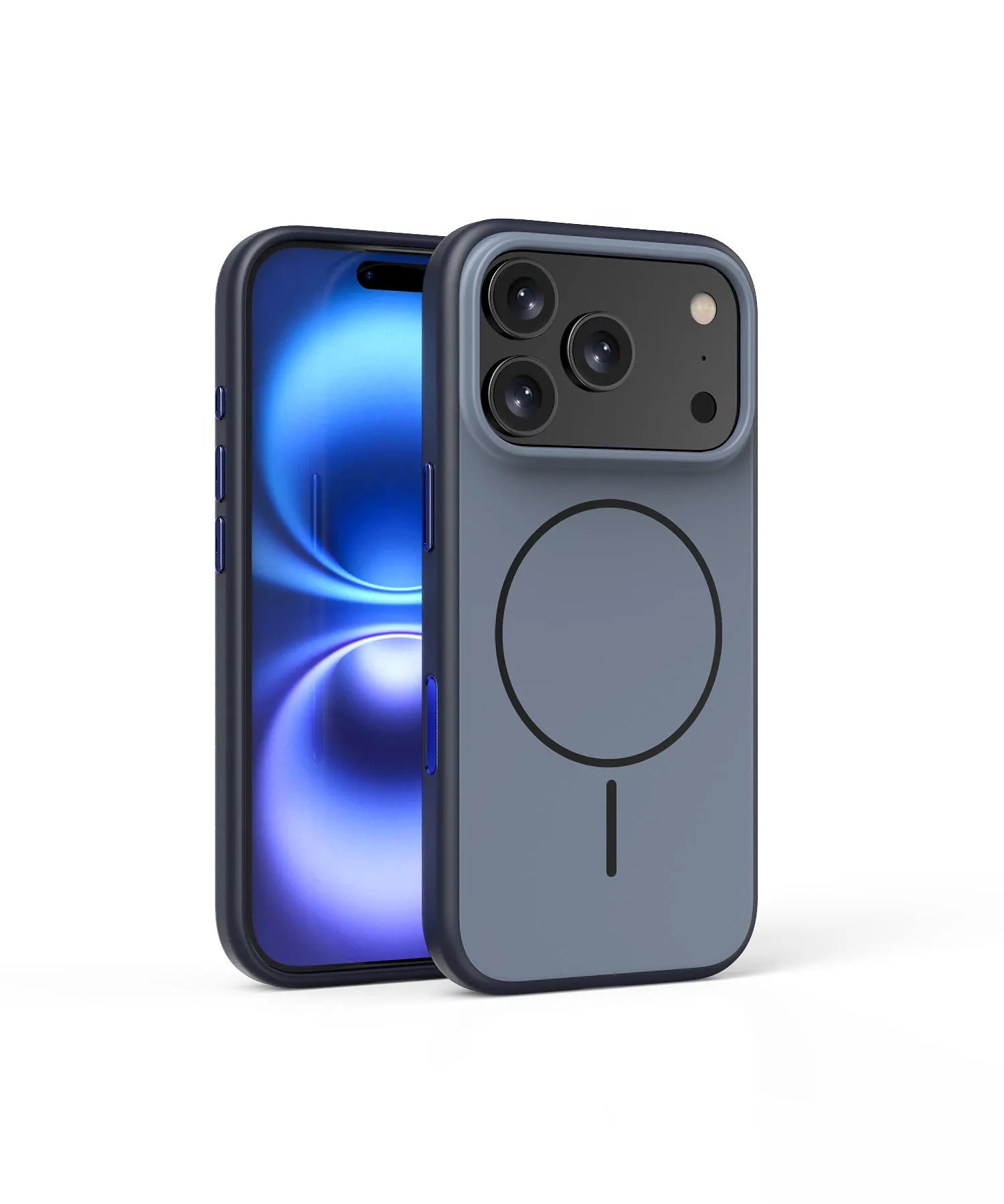 Frosted blue magnetic protective case for Apple iPhone 16 and 17 series phones on a white background.