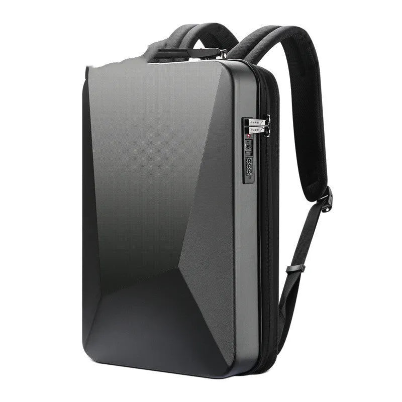 Hard shell gaming backpack in black or silver colour with multiple compartments and lock opening system