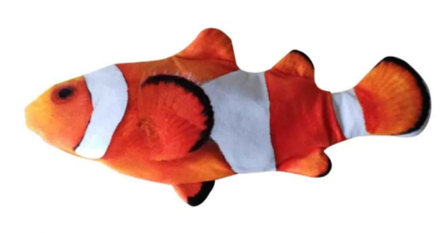 Electric jumping fish simulation cat toy showing multicolor options and USB charging cable.