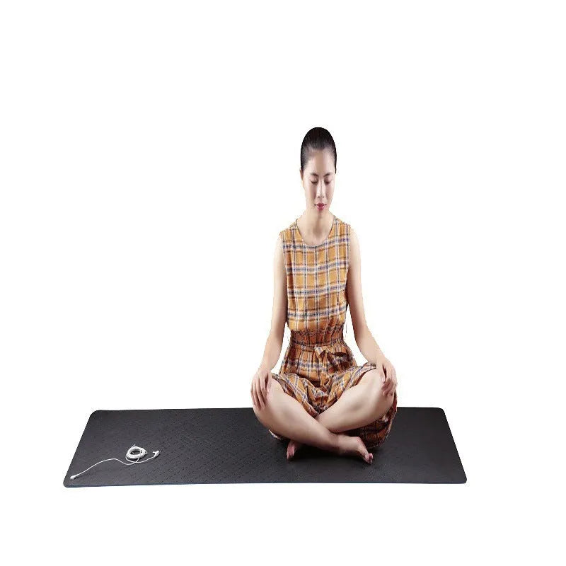 Blue conductive yoga mat with floral pattern, 182cm length, 5mm thickness, and grounding wire