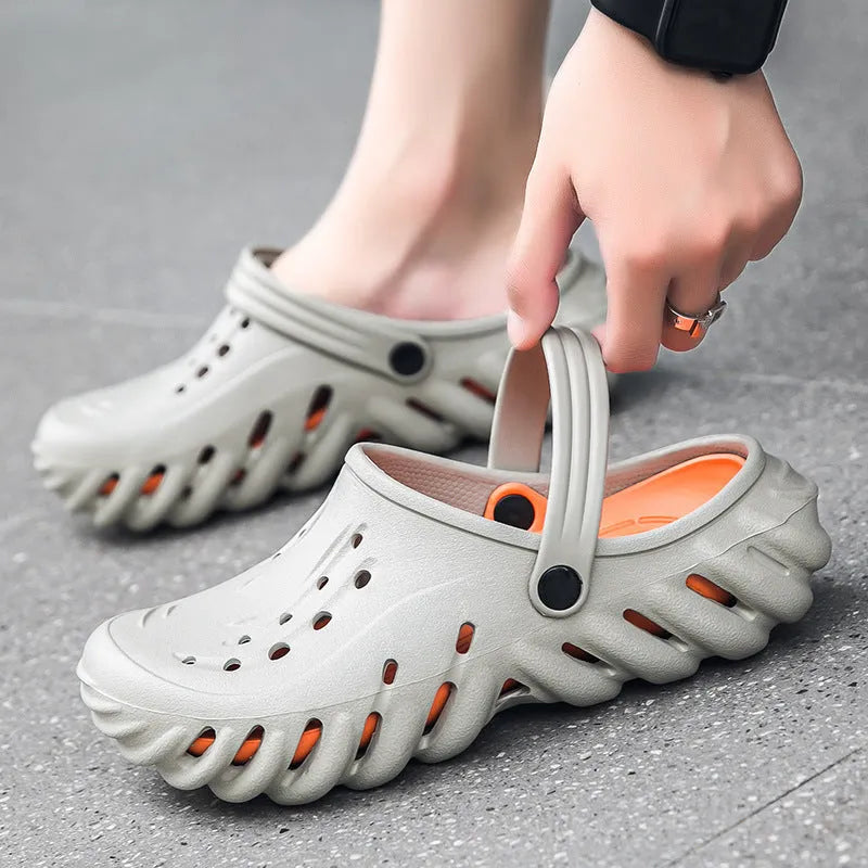 Men's beige EVA outdoor slipper sandals with hole pattern design and non-slip sole
