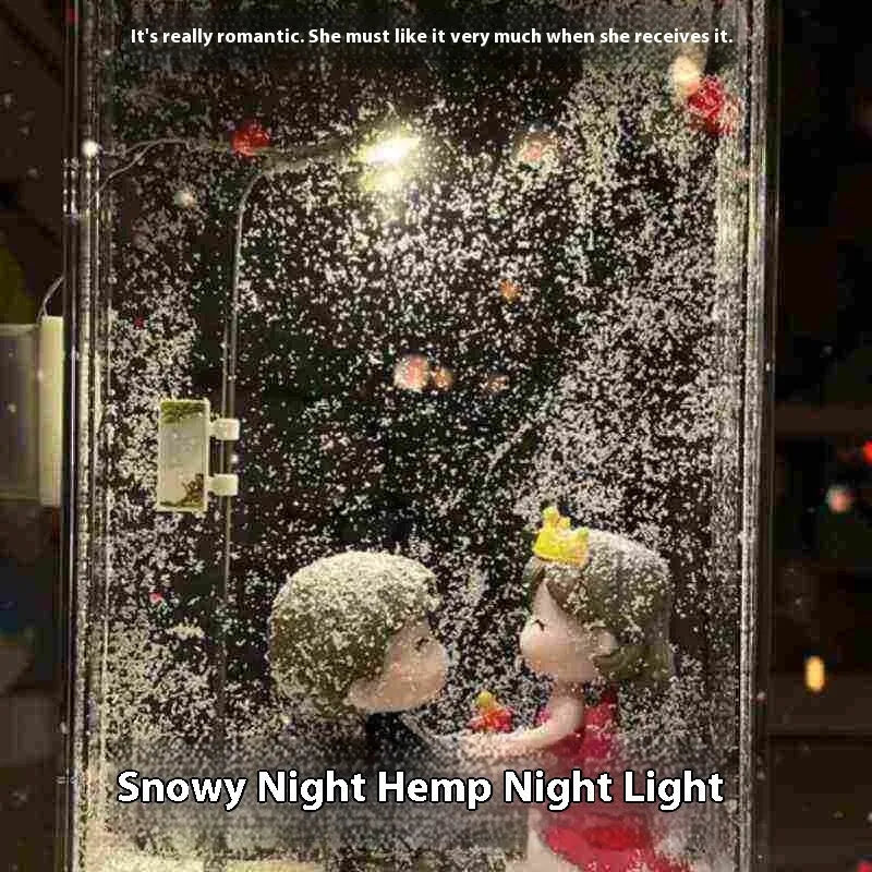 DIY snowy landscape Christmas night light kit with LED lights and gift bag on a desktop