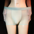 Men's solid colour ultra-thin transparent nylon ice silk boxer shorts on a size chart.