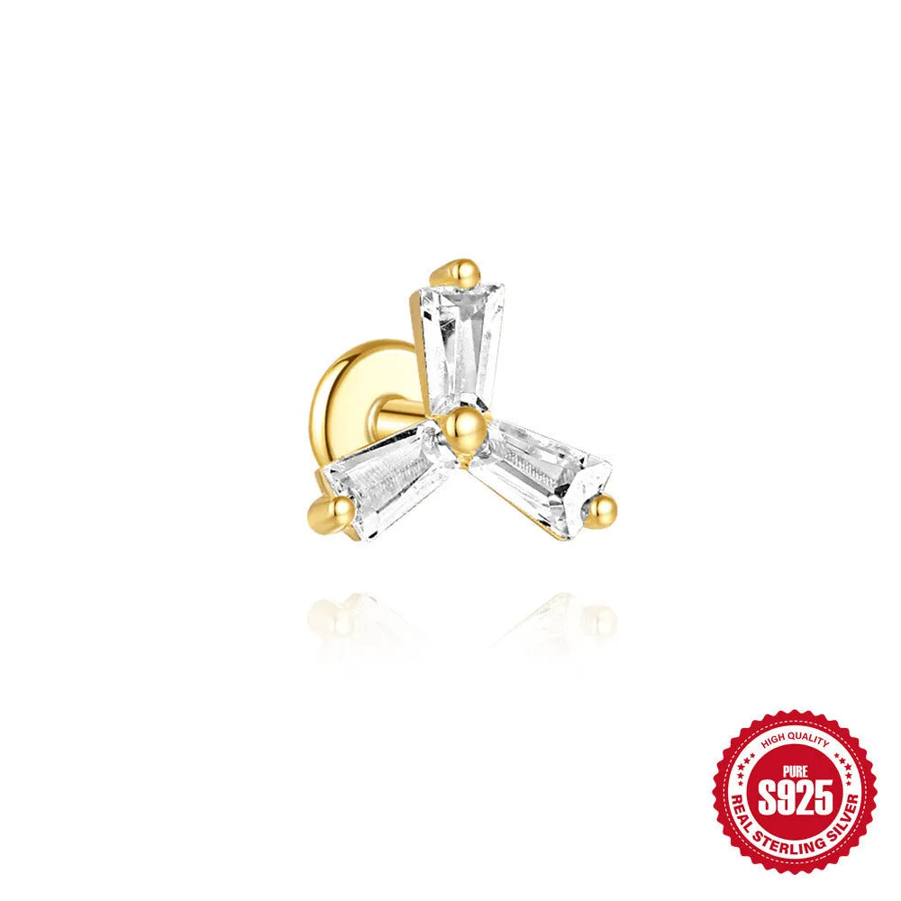 S925 sterling silver double ear piercings chain stud earrings with geometric design and zircon detailing
