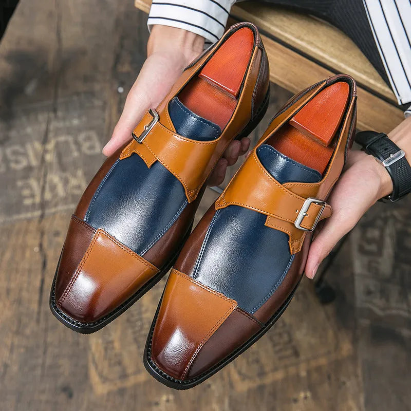 Men's brown blue and black retro buckle casual leather shoes with tall crown