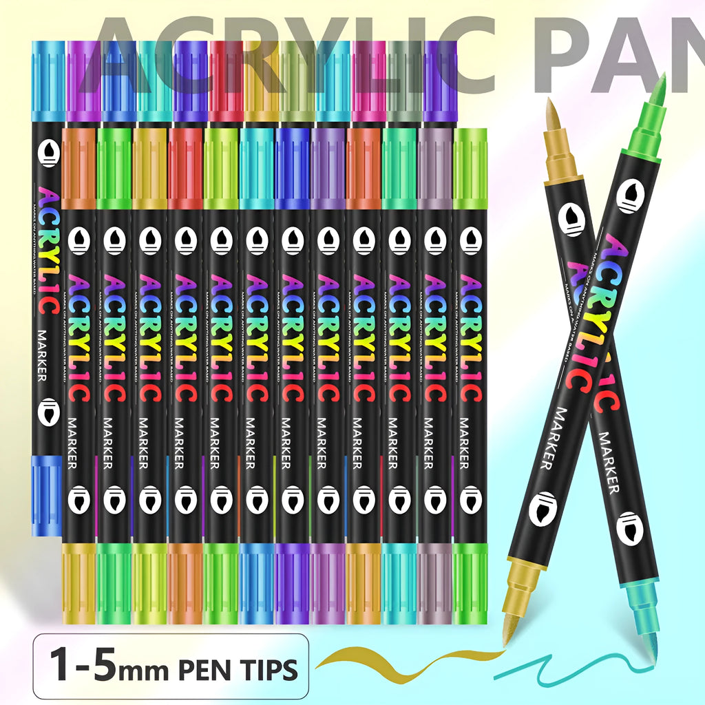 Set of double-headed acrylic marker pens showing fine and broad tips, with washable quick-dry opaque colours.