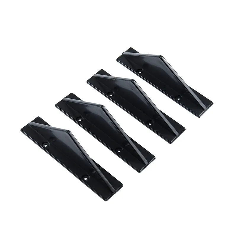 Set of four black ABS plastic triangle rear spoilers for car bumper, measuring 15cm wide, with screws and adhesive tape.
