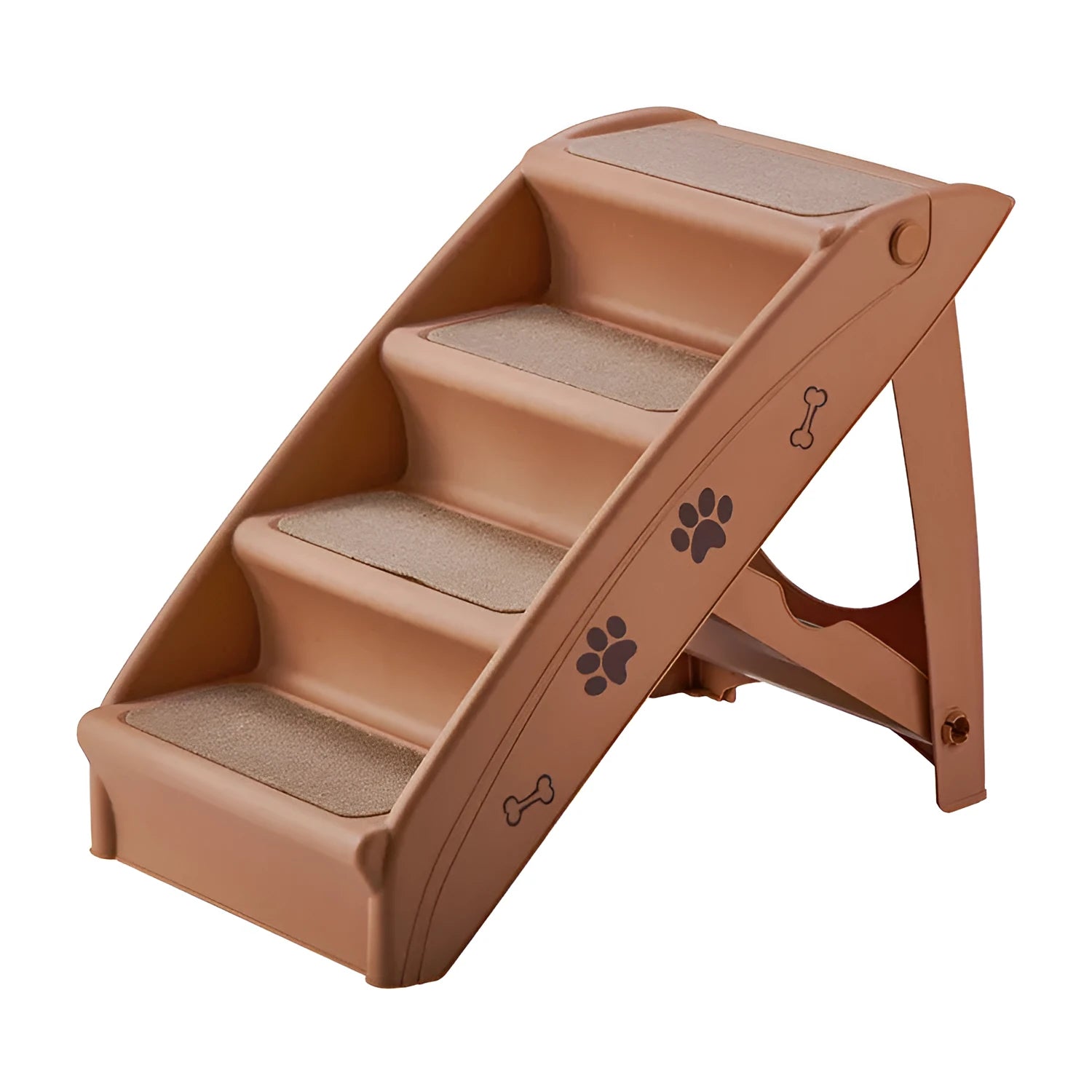 Foldable plastic step ladder for small pets on a wooden floor beside a sofa.