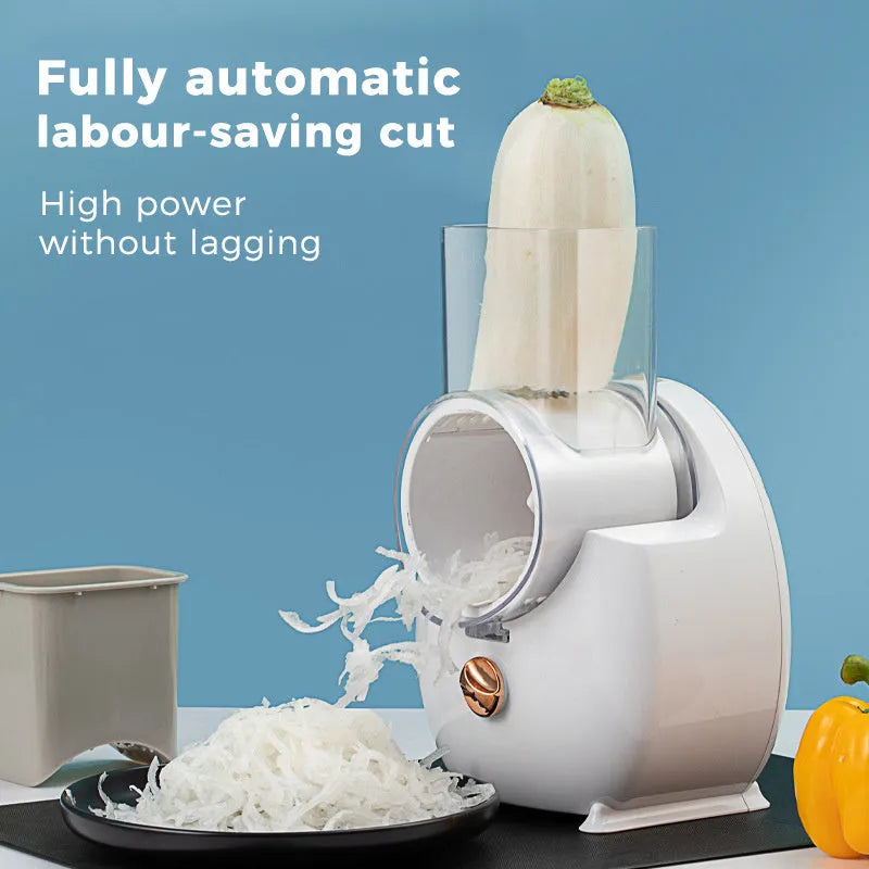 White electric vegetable slicer with rotary grater and multifunctional cutting blades for potatoes and carrots