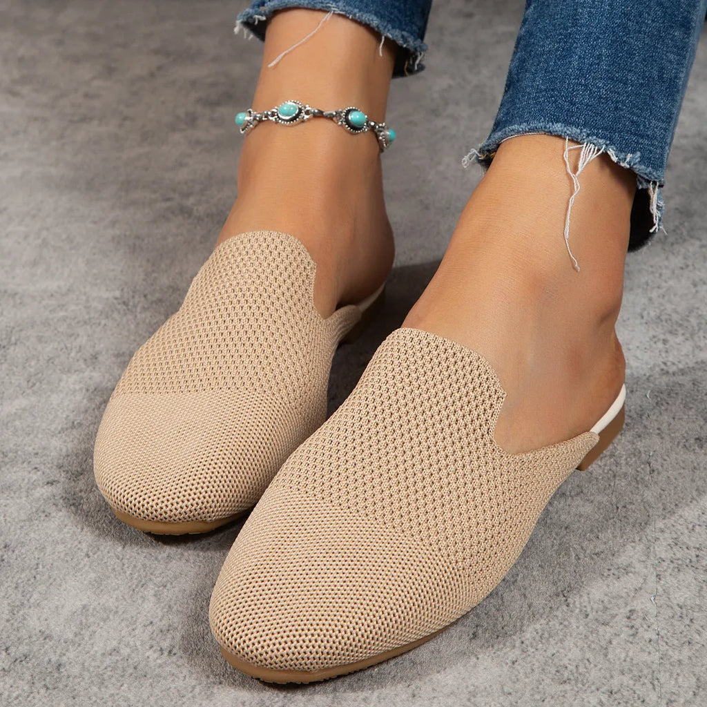 Casual mesh slip-on sandals with round toe, cloth upper and rubber sole in blue green or apricot colors for summer leisure