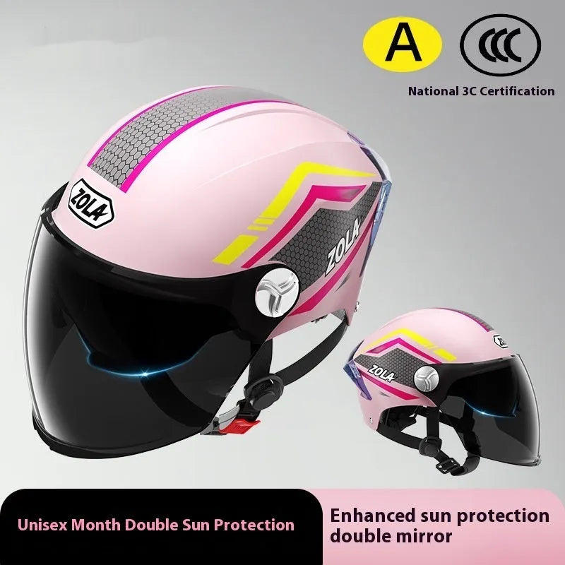 3C certified motorcycle half helmet with battery sun visor in light brown double mirror finish