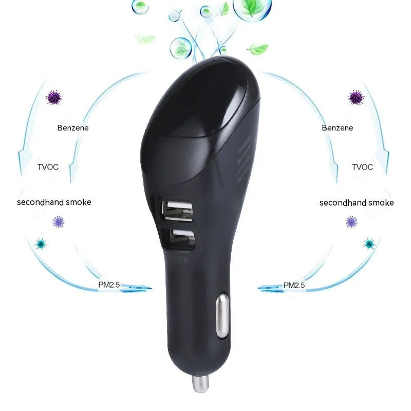 White car USB charger with integrated air purifier showing dual USB ports and compact 103mm design