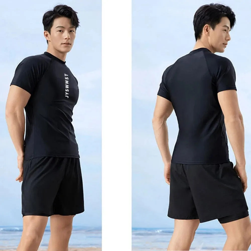 Men's plus size swimming trunks suit in polyester fabric showing complete set with top and pants