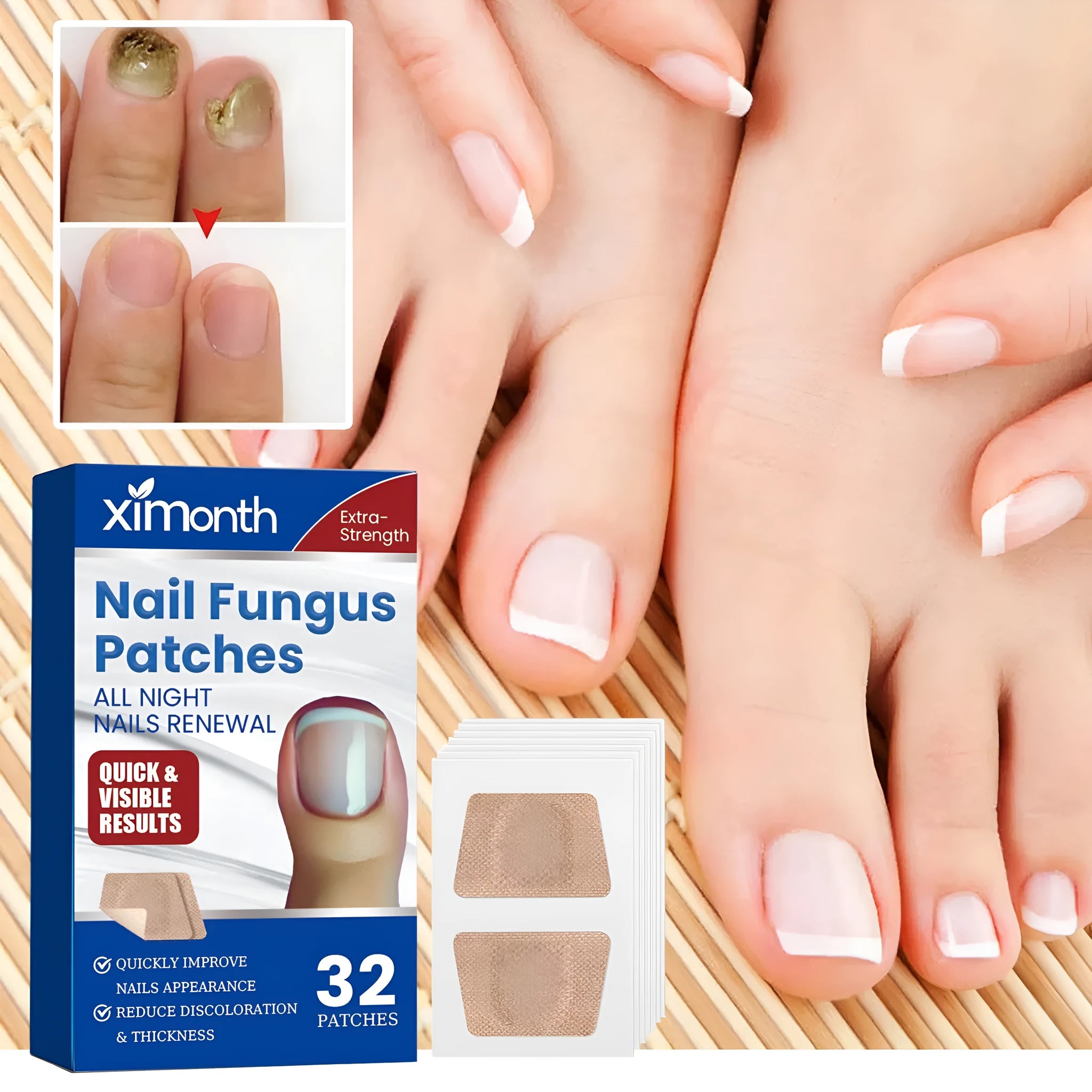 Box of 32 nail repair adhesive bandages with natural ingredients for brittle nails