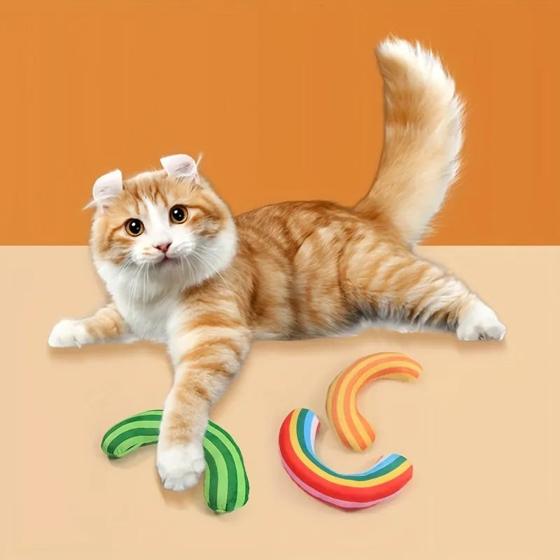 Striped pattern cat toy pillow with noise maker and built-in catnip measuring 23cm by 20cm
