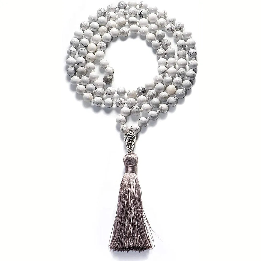 Long colourful agate and stone bead necklace with a geometric tassel, measuring 95-100cm