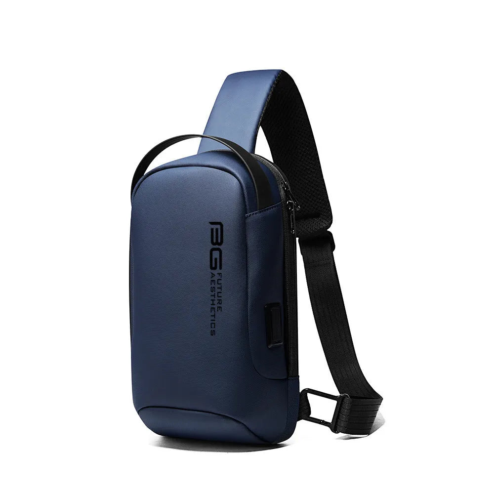 Men's black casual shoulder bag with USB port and Oxford cloth material for business travel.