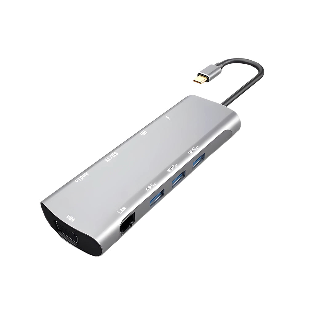 Grey USB-C docking station with HDMI, VGA, USB 3.0 and charging ports