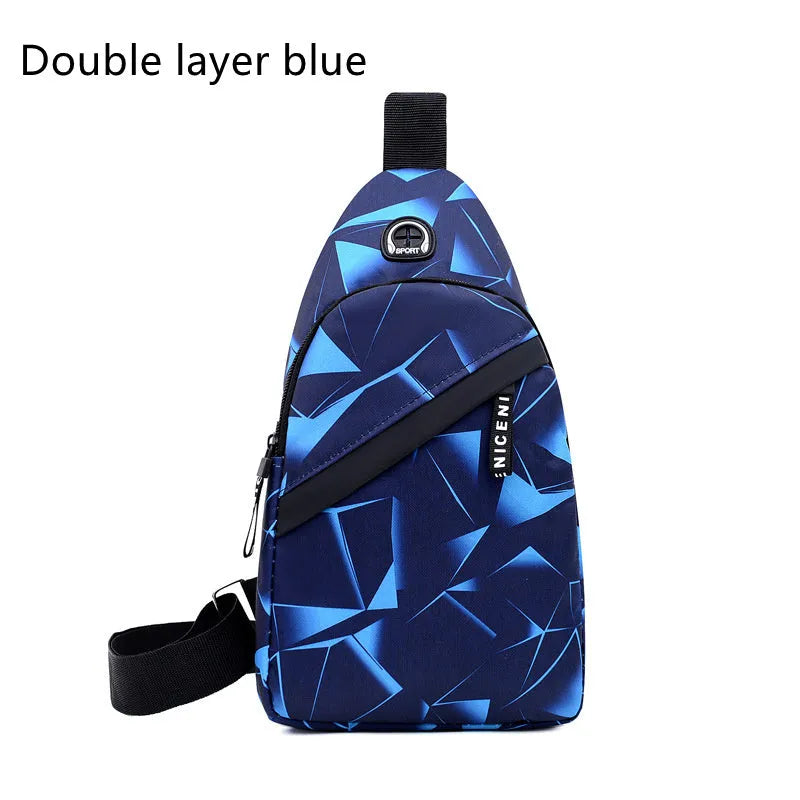 Men's Oxford cloth sling chest bag with earphone hole showing crossbody strap and zipper closure