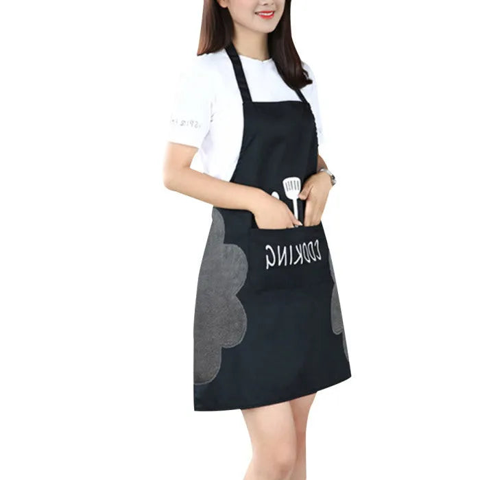 Sleeveless waterproof kitchen apron in coral velvet, shown in multiple colour options.