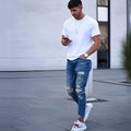 Men's blue cotton jeans with hole detailing showing front and back views