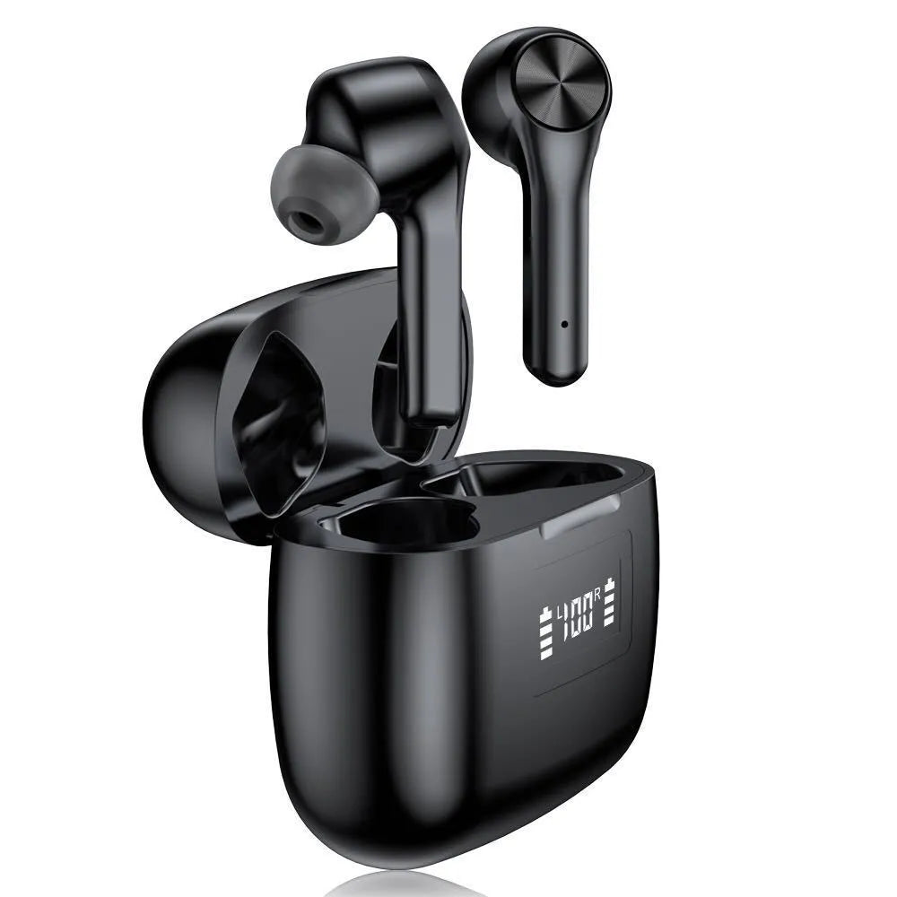 Wireless touch control earphones in black or white with charging case showing NFC pairing capability