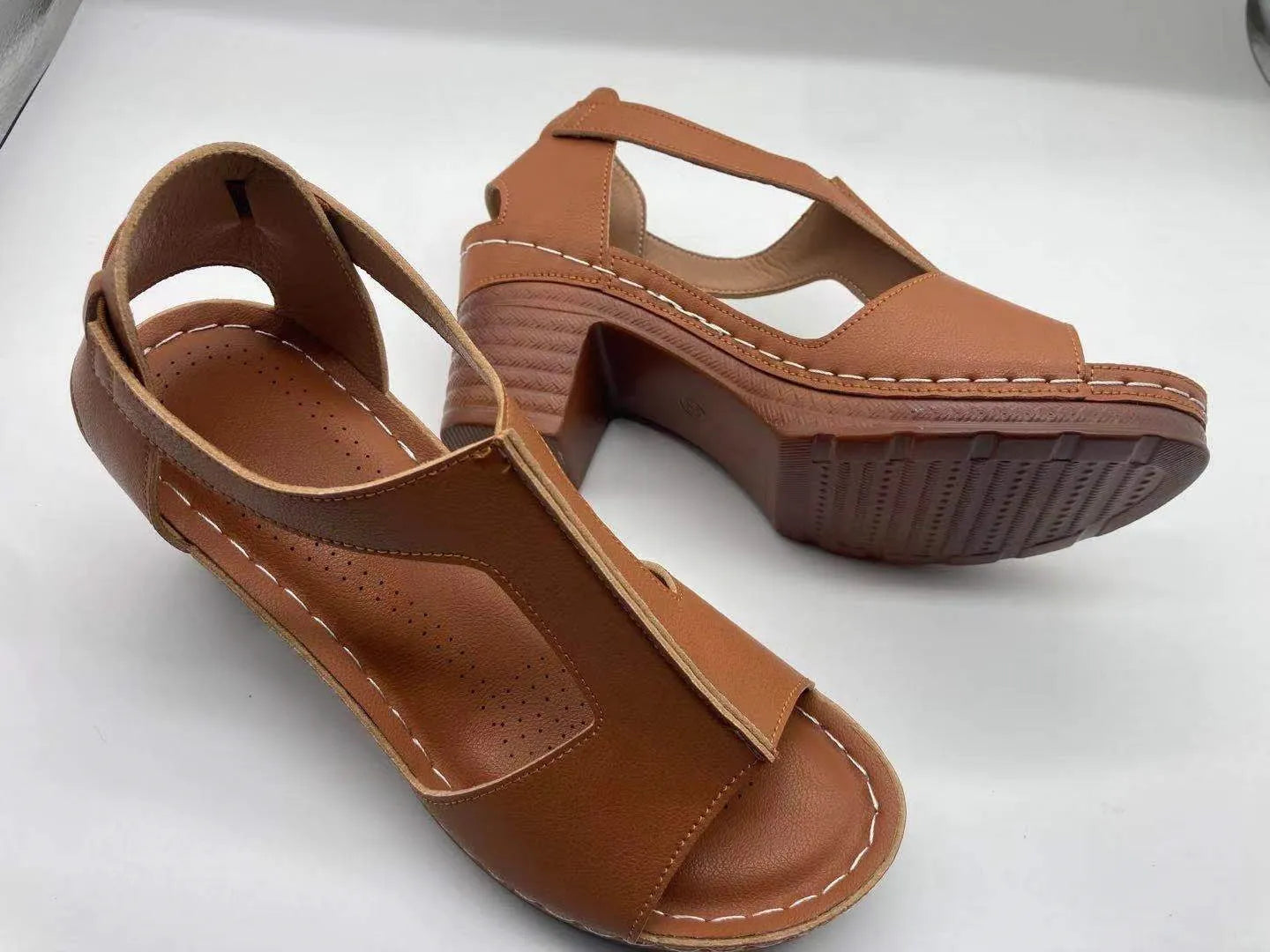 Women's open toe wedge sandals with Roman buckle strap in synthetic PU material