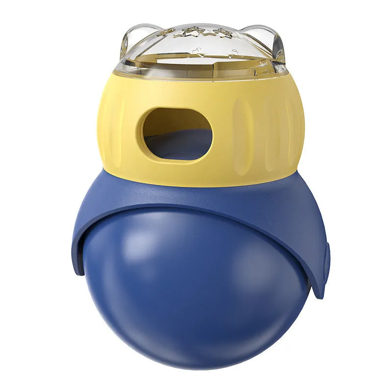 Owl-shaped self-service puzzle feeder toy for cats in Morandi yellow and blue colours.