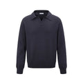 Man wearing a loose black acrylic blend pullover bottoming shirt for casual leisure wear.