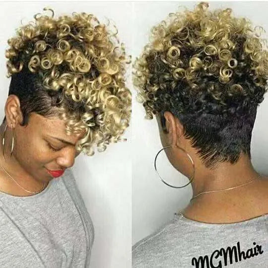 Short blonde synthetic wig with rolled styling on a mannequin head.