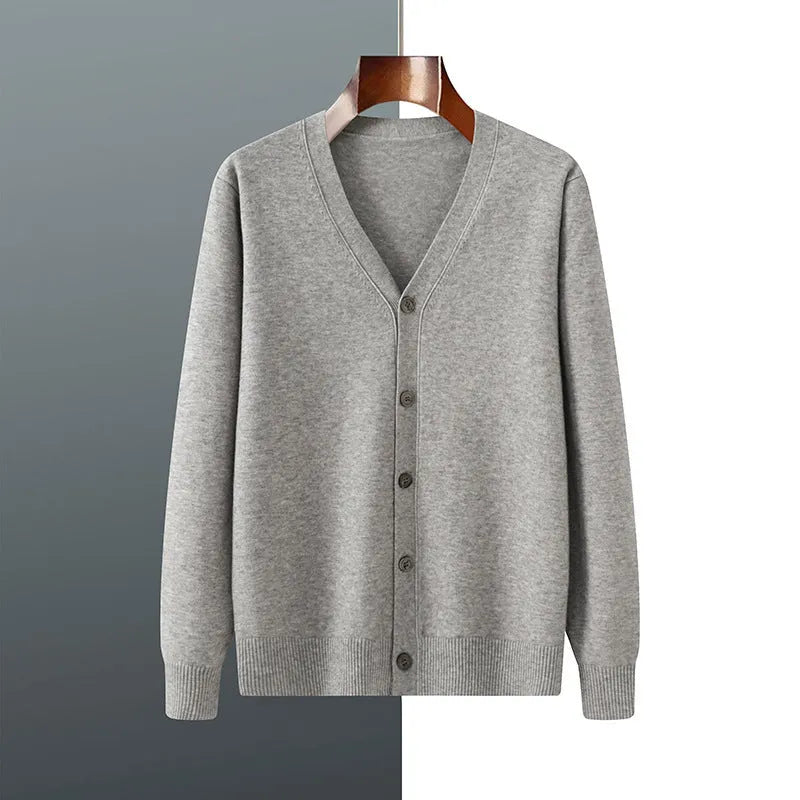 Man modelling a loose V-neck cardigan coat in Andy Velvet knitted fabric.