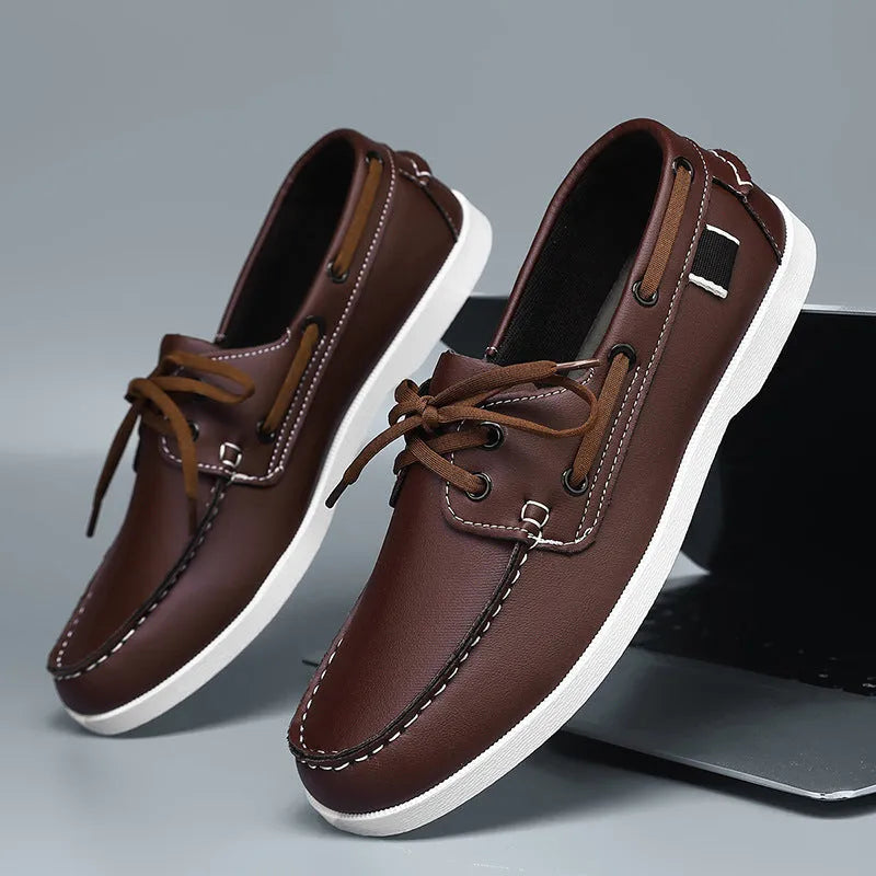 Men's British-style casual shoes with artificial PU uppers in black, white, blue brown, and black and white colour options.