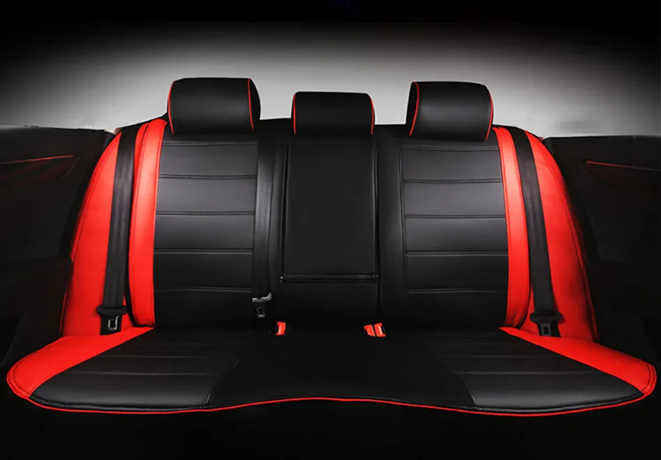 Cow leather car seat cover in beige and black with red colour options showing binding style construction
