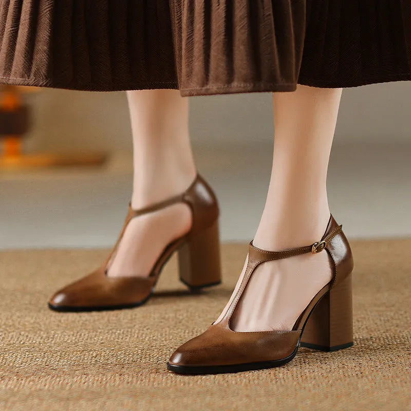 Retro pointed-toe women's Mary Jane shoes with a hollow design and buckle strap in pink or dark brown.