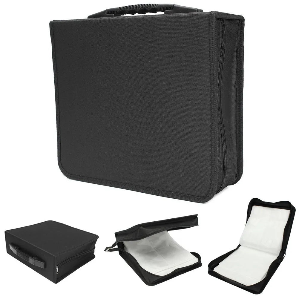 Black Oxford fabric CD storage binder with hand strap and zipper, holding multiple discs.