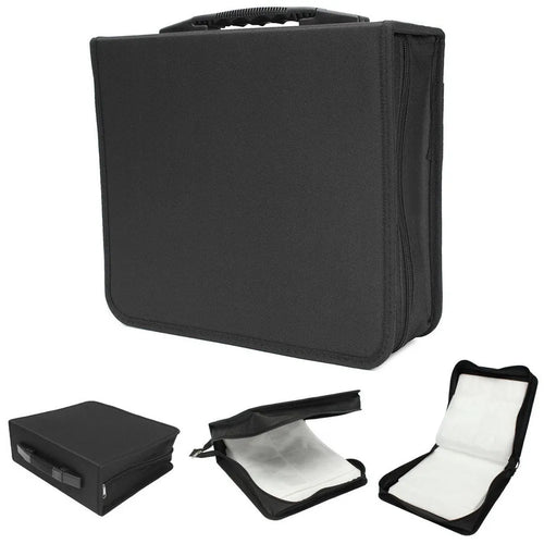 Black Oxford fabric CD storage binder with hand strap and zipper, holding multiple discs.