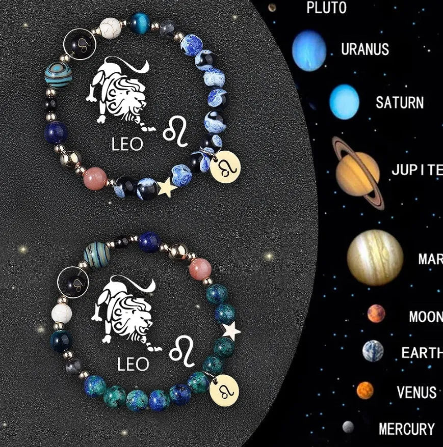 Set of two natural stone beaded bracelets showing zodiac symbols on an adjustable string.