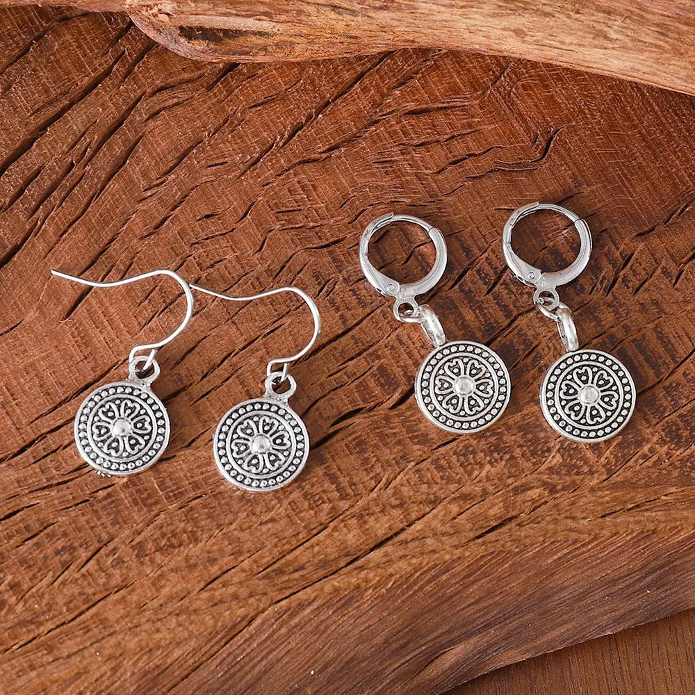 Bohemian retro round print distressed ethnic earrings in zinc alloy geometry shape
