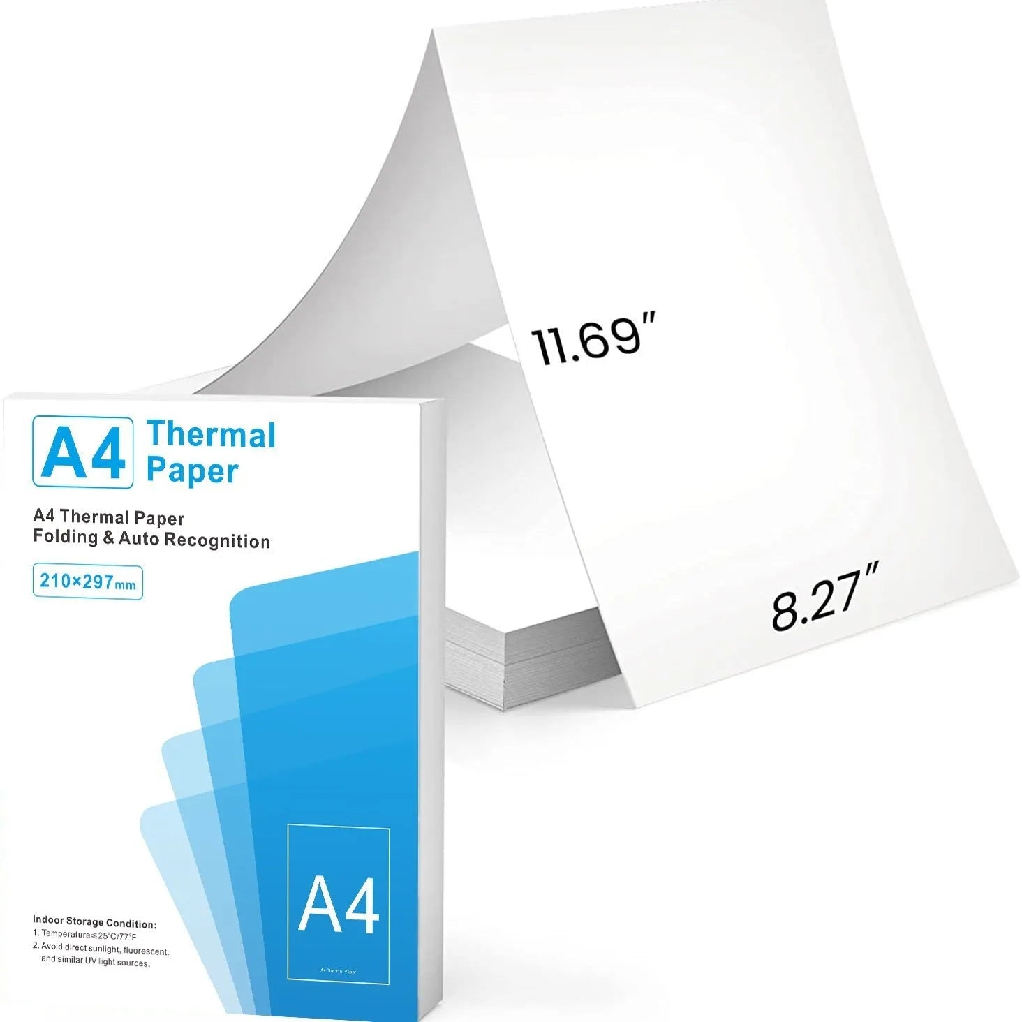 Pack of white A4 quick-drying thermal paper sheets for portable thermal printers.