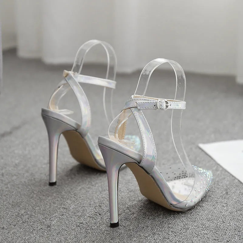 Women's pointed toe sandals with diamond detailing and stiletto heels