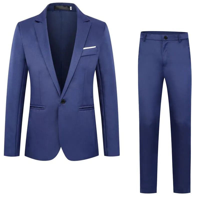 Men's loose fit acetate fibre wedding suit jacket in multiple colours on a size chart background