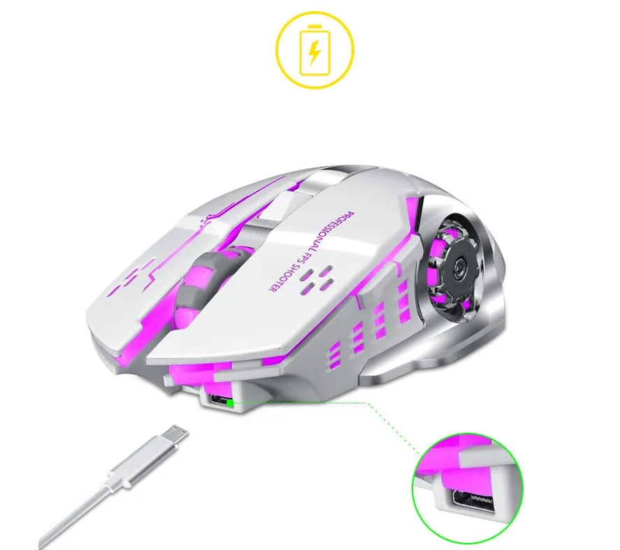 Black and white silent wireless mouse with six buttons showing wireless receiver