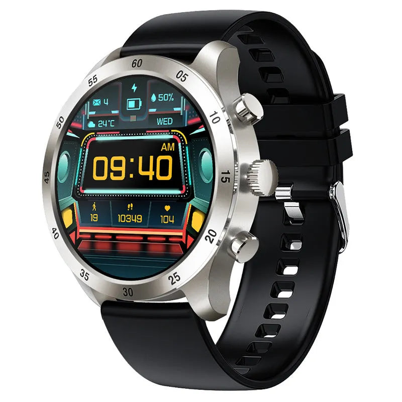 Apple iOS smart watch with Bluetooth calling on wrist, showing steel case and health monitoring display.