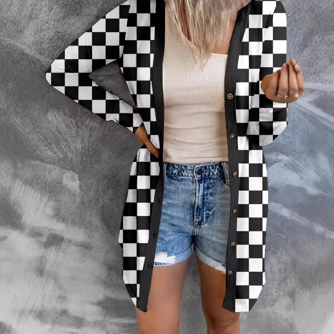 Women's long loose knitted cardigan coat with plaid contrast color pattern in street fashion style